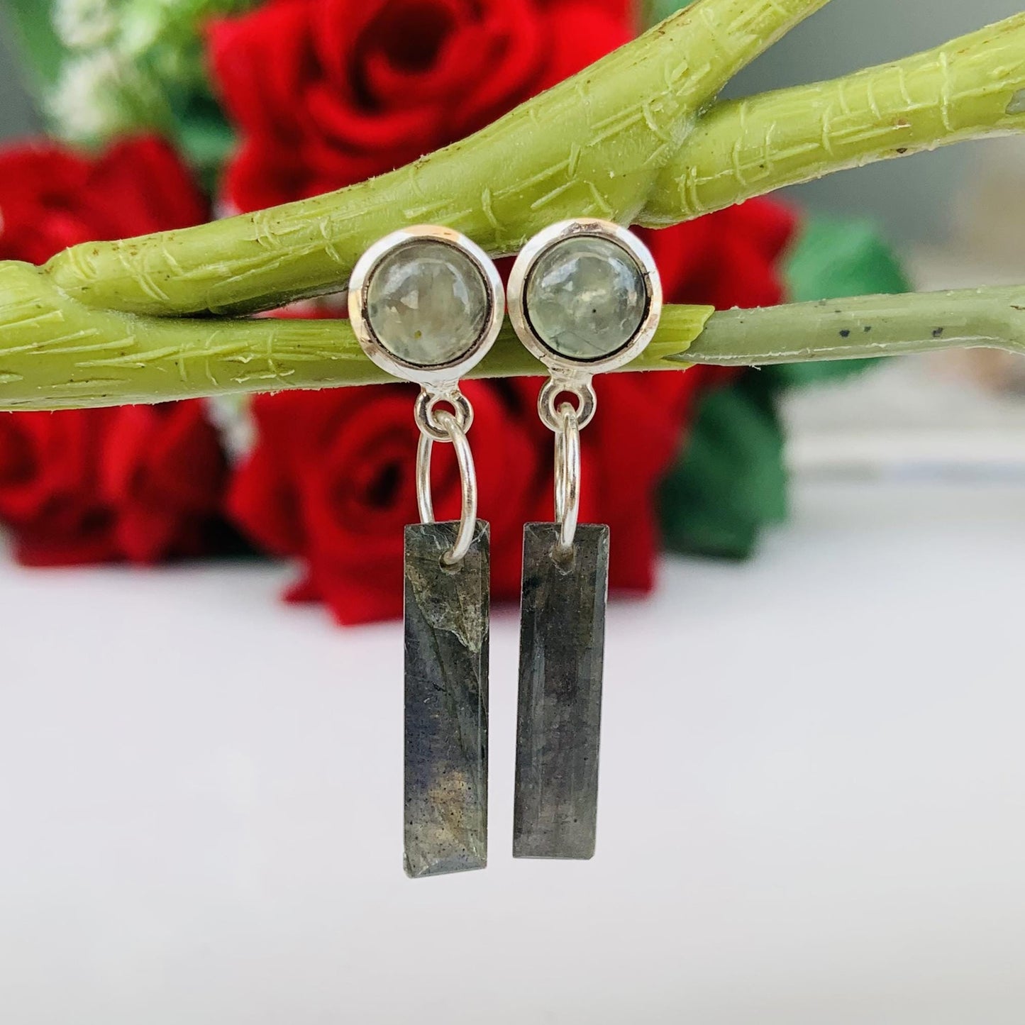 Sterling Silver Prehnite Studs with Blue Flash Labradorite Dangles, Unique Geometric Drop Earrings, Silver and Gold Plated Earrings For Gift