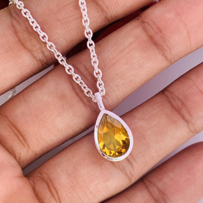Natural Citrine 925 Silver Dainty Necklace - Pear Shape Minimalist Pendant