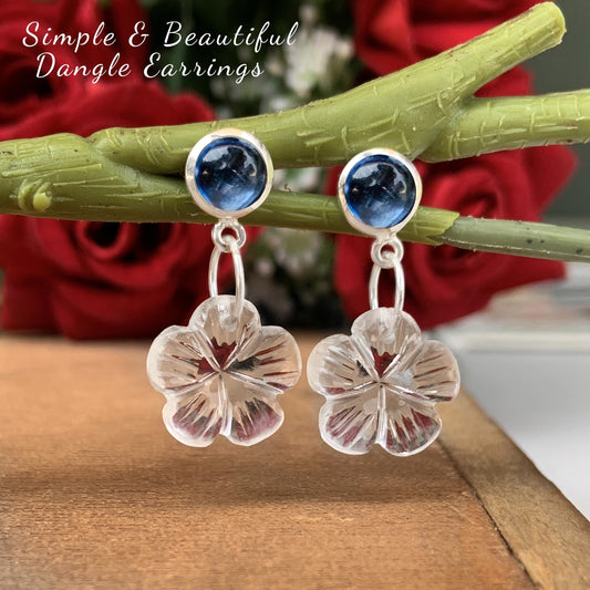 Kyanite & Carved Quartz Floral Dangle Earrings – Sterling Silver Elegance with a Touch of Nature-Inspired Beauty