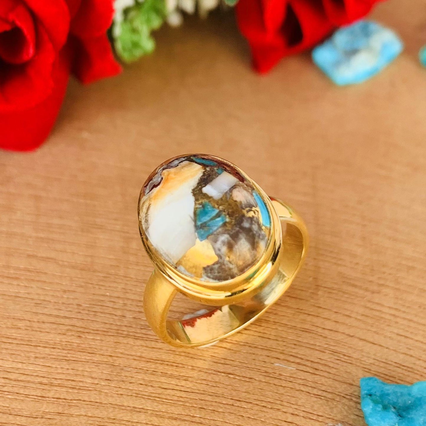 Oyster Turquoise Ring ~ 18k Gold Statement Ring ~ Oval Shape Stone ~ vermeil Gold Ring ~ Ring For Her ~ Chunky Ring ~ R-0084