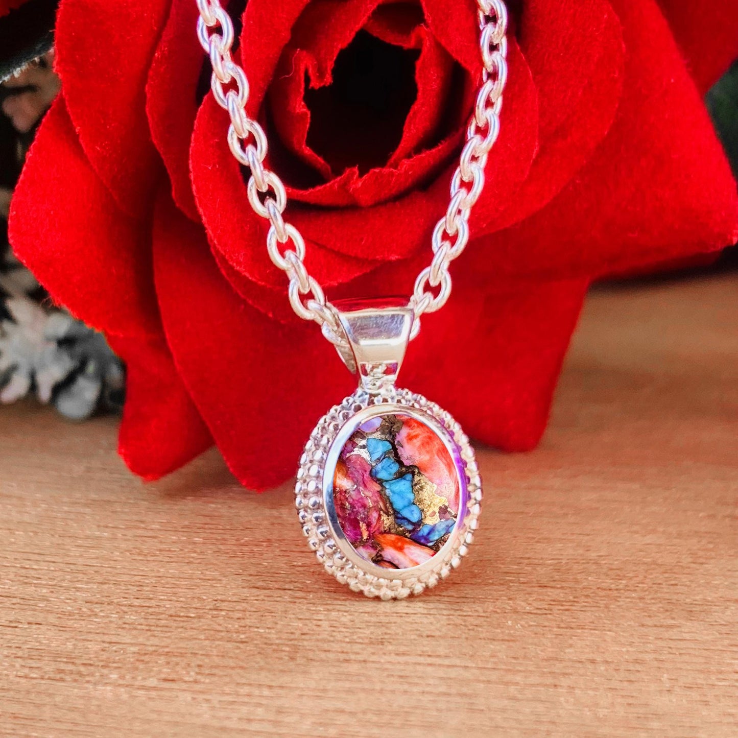 Pink Dahlia Turquoise Necklace – Dainty Silver Boho Pendant, Gift for Her