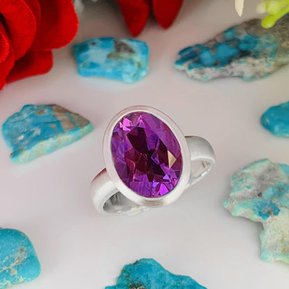 Faceted Oval Purple Amethyst Statement Ring in 925 Silver