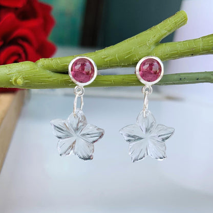 Pink Tourmaline & Carved Quartz Floral Dangle Earrings ~  Handmade Sterling Silver Elegance