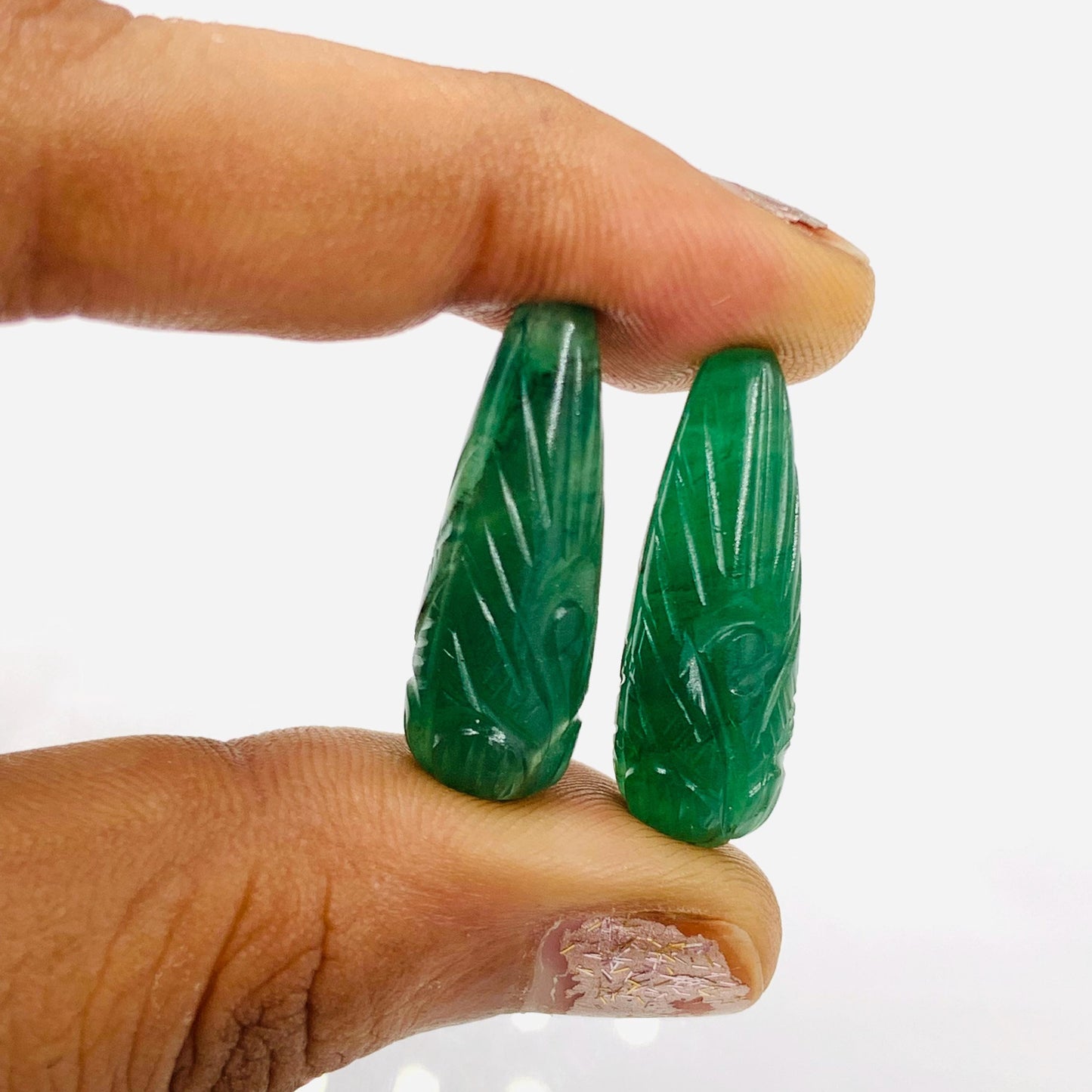 Hand Carved Green Jade Briolette Beads: Drop Shape Gemstone Pair (9x26mm