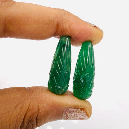 Hand Carved Green Jade Briolette Beads: Drop Shape Gemstone Pair (9x26mm