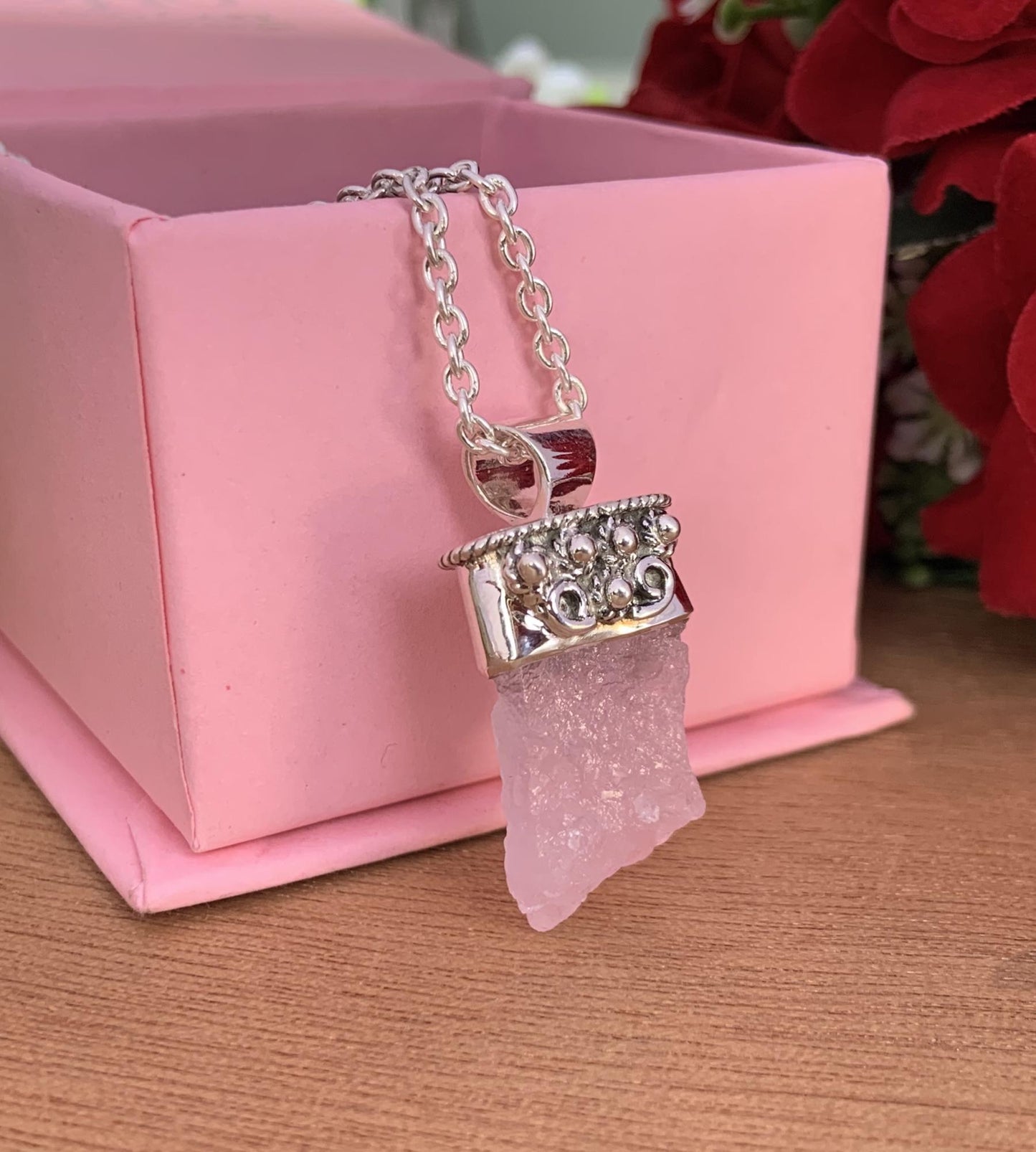 Rough Morganite Necklace – Pink Crystal Sterling Silver Pendant, Gift for Her