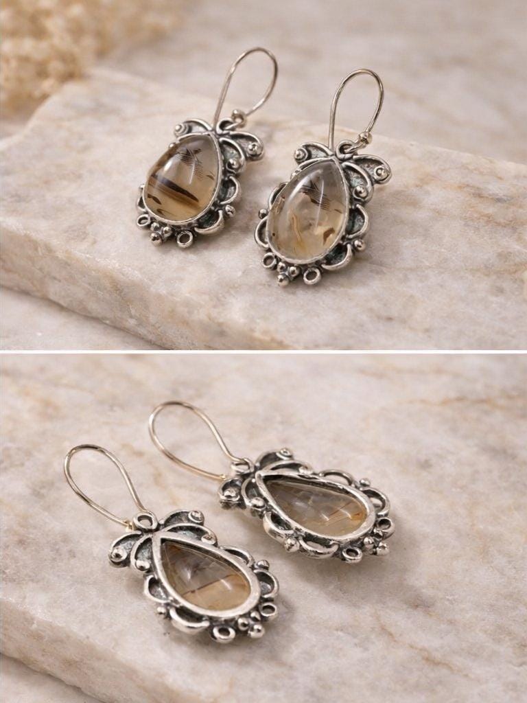 Natural Dendritic Agate Teardrop Silver Earrings | Natural Scenic Agate | Teardrop Scenic Agate | 925 Sterling Silver Handmade Drop Earrings