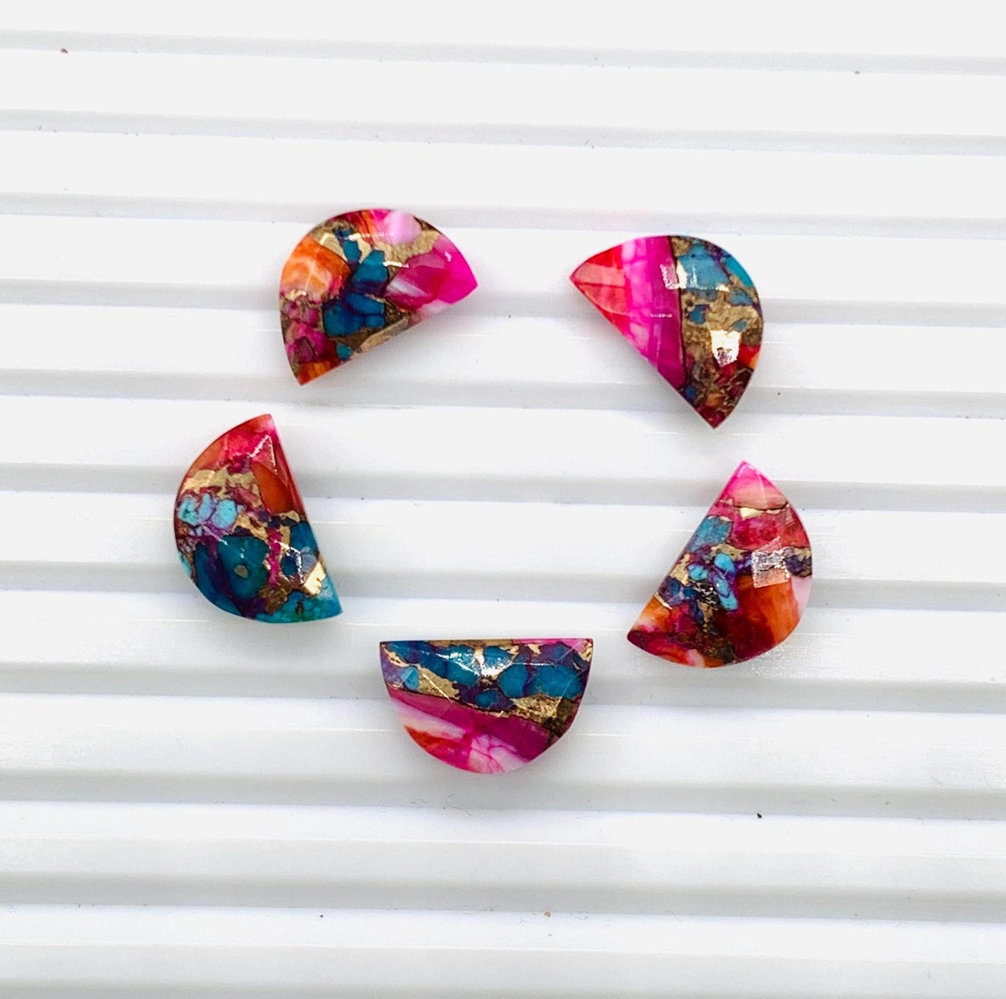 2 Pieces Natural Pink Spiny Oyster Copper turquoise Faceted D' Shape Gemstone, Size 10mmx16mm, Half Moon D Shape Gemstone Briolette beads