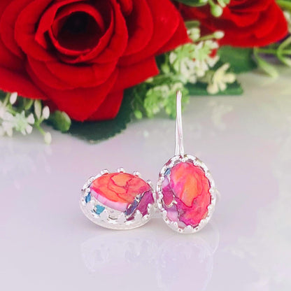 Kingman Pink Dahlia Turquoise Earrings ~ 925 Sterling Silver Jewelry ~ Designer Boho Silver Earrings ~ Gift For Her ~ Wedding Gift ~ E-0015