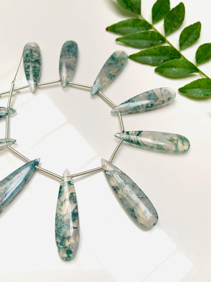 10 Pieces Natural Moss agate Smooth Long Pear Shape Side drill Gemstone, Size 8x30mm, Matching Pair Briolette, Earring Making gemstone beads