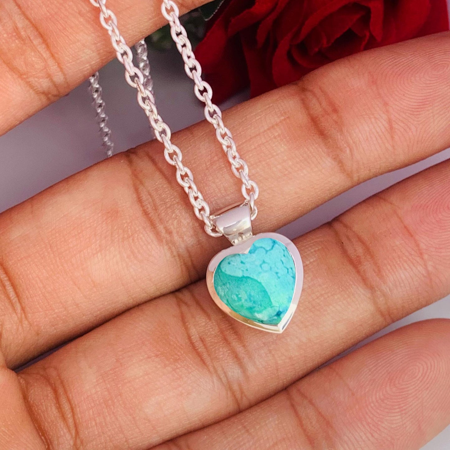 Genuine Turquoise Heart Necklace – Sterling Silver Pendant, Gift for Her