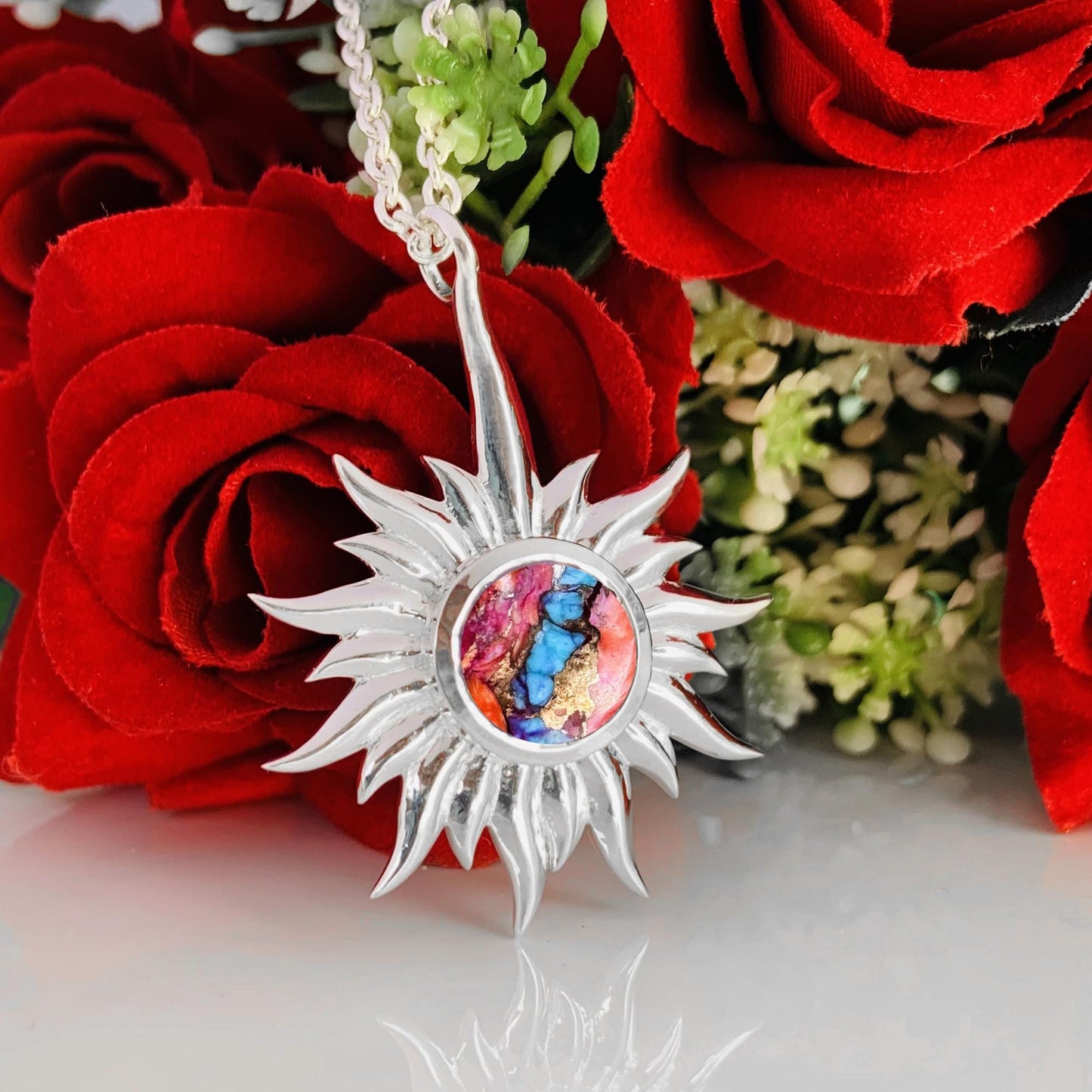 Kingman Pink Dahlia Turquoise Necklace – Celestial Silver Sun Pendant