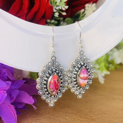 Kingman Pink Dahlia Turquoise Earrings ~ Marquise Shape Stone ~ Ornate Style Statement Earrings ~ Boho & Hippie Style Jewelry ~ E-0025