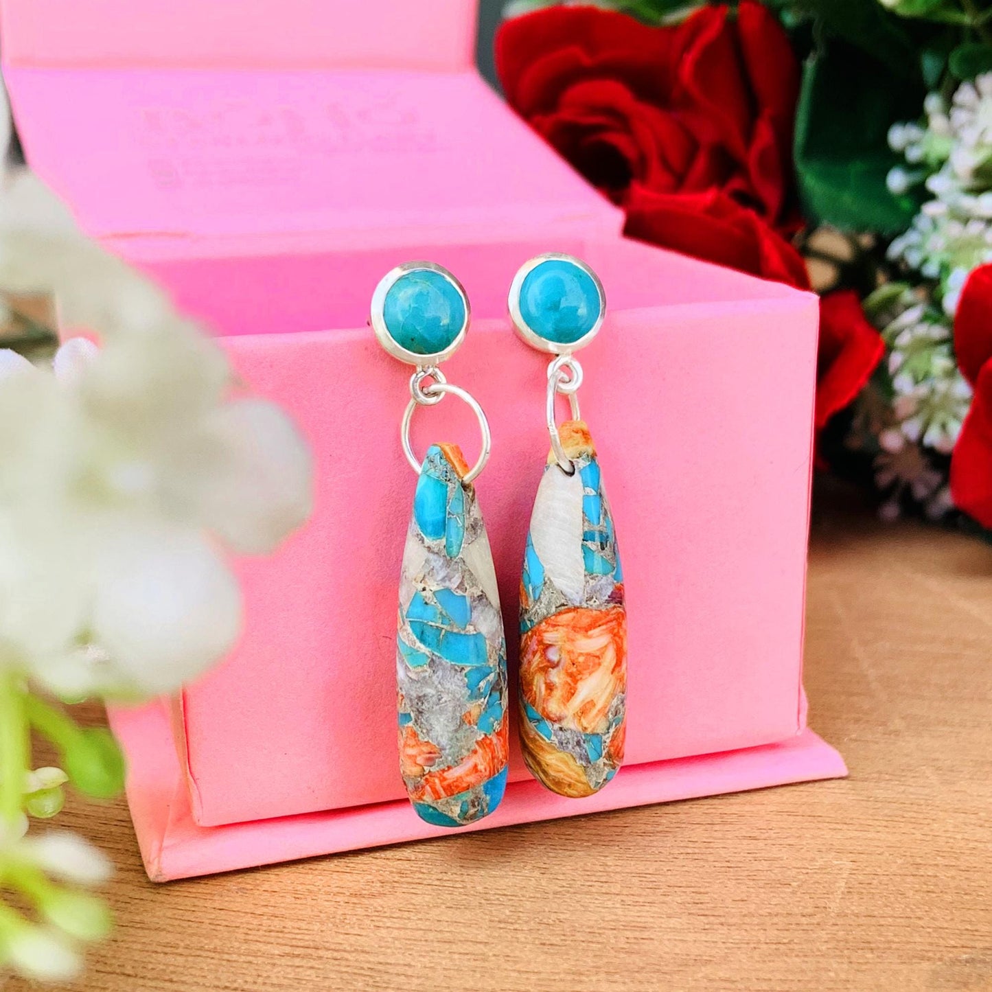 Turquoise & Spiny Oyster Shell Teardrop Dangle Earrings – Handmade Sterling Silver Jewelry