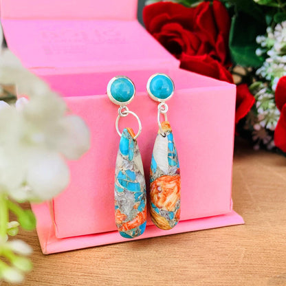 Turquoise & Spiny Oyster Shell Teardrop Dangle Earrings – Handmade Sterling Silver Jewelry
