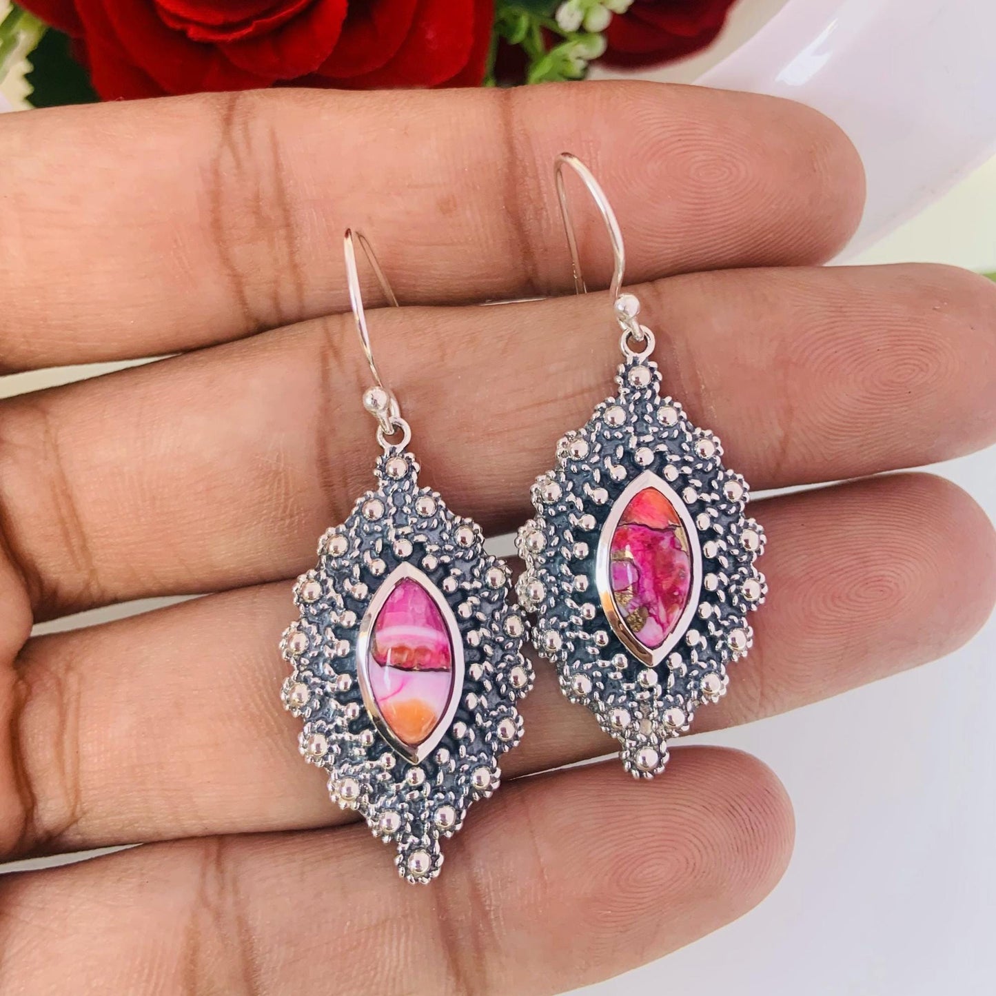 Kingman Pink Dahlia Turquoise Earrings ~ Marquise Shape Stone ~ Ornate Style Statement Earrings ~ Boho & Hippie Style Jewelry ~ E-0025