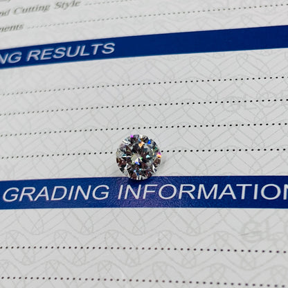 Loose round brilliant cut gemstone displayed on diamond grading report