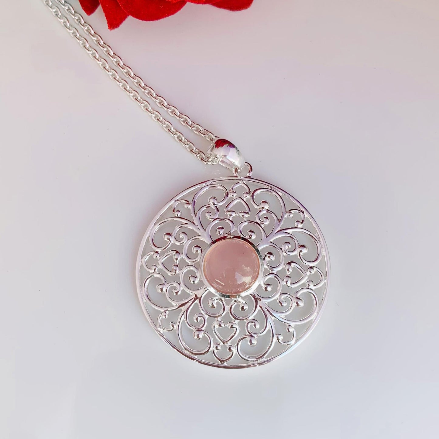 Ornate Pastel Pink Rose Quartz Filigree Silver Necklace