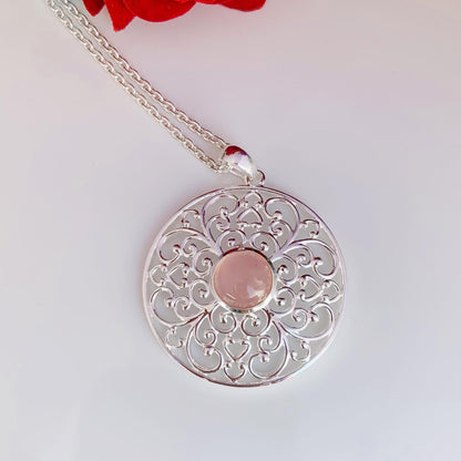 Ornate Pastel Pink Rose Quartz Filigree Silver Necklace