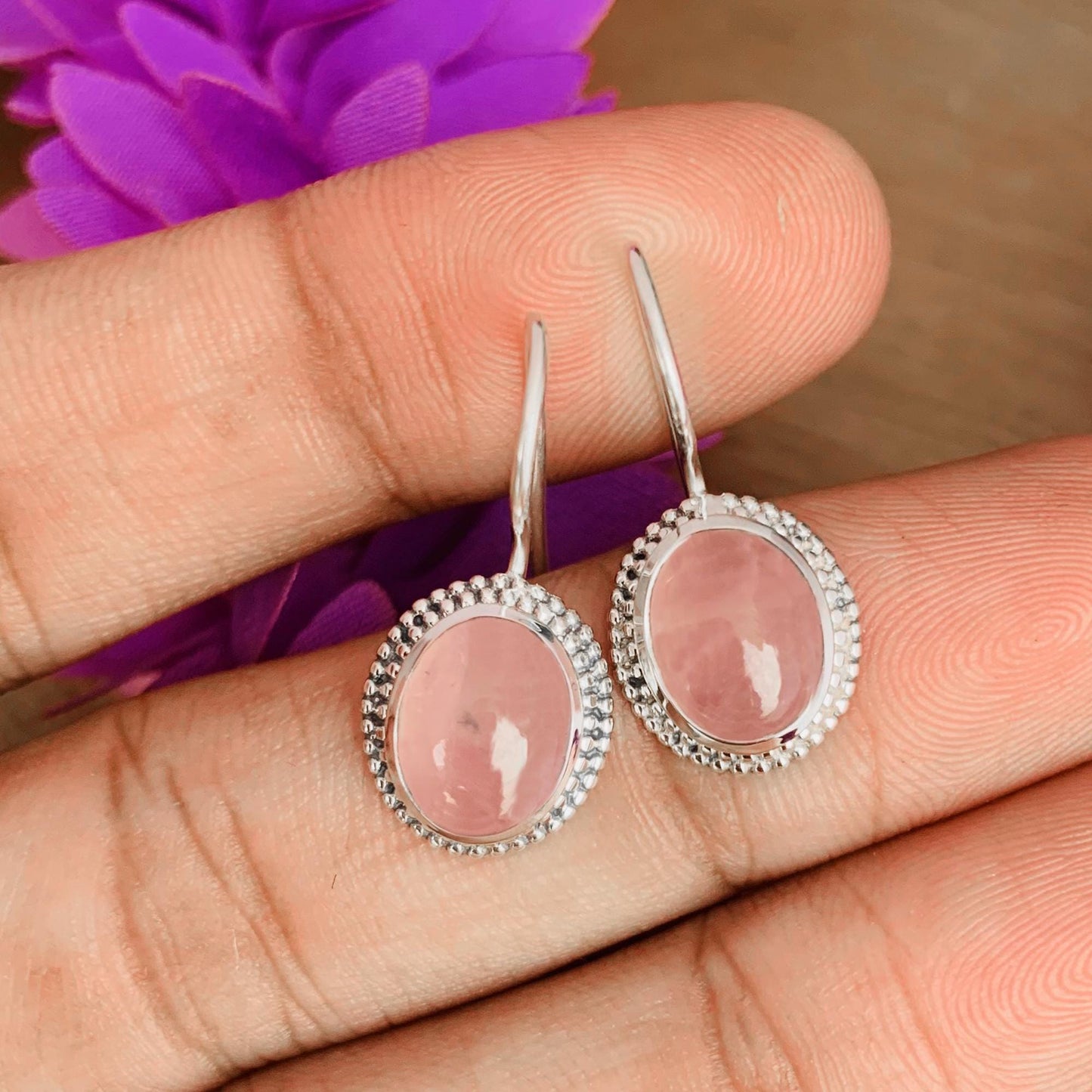 Pastel Pink Rose Quartz Silver Earrings ~ Boho Silver Jewelry For Her ~ Dangling Statement Earrings ~ Oval Shape Stone Earrings ~ E-0019