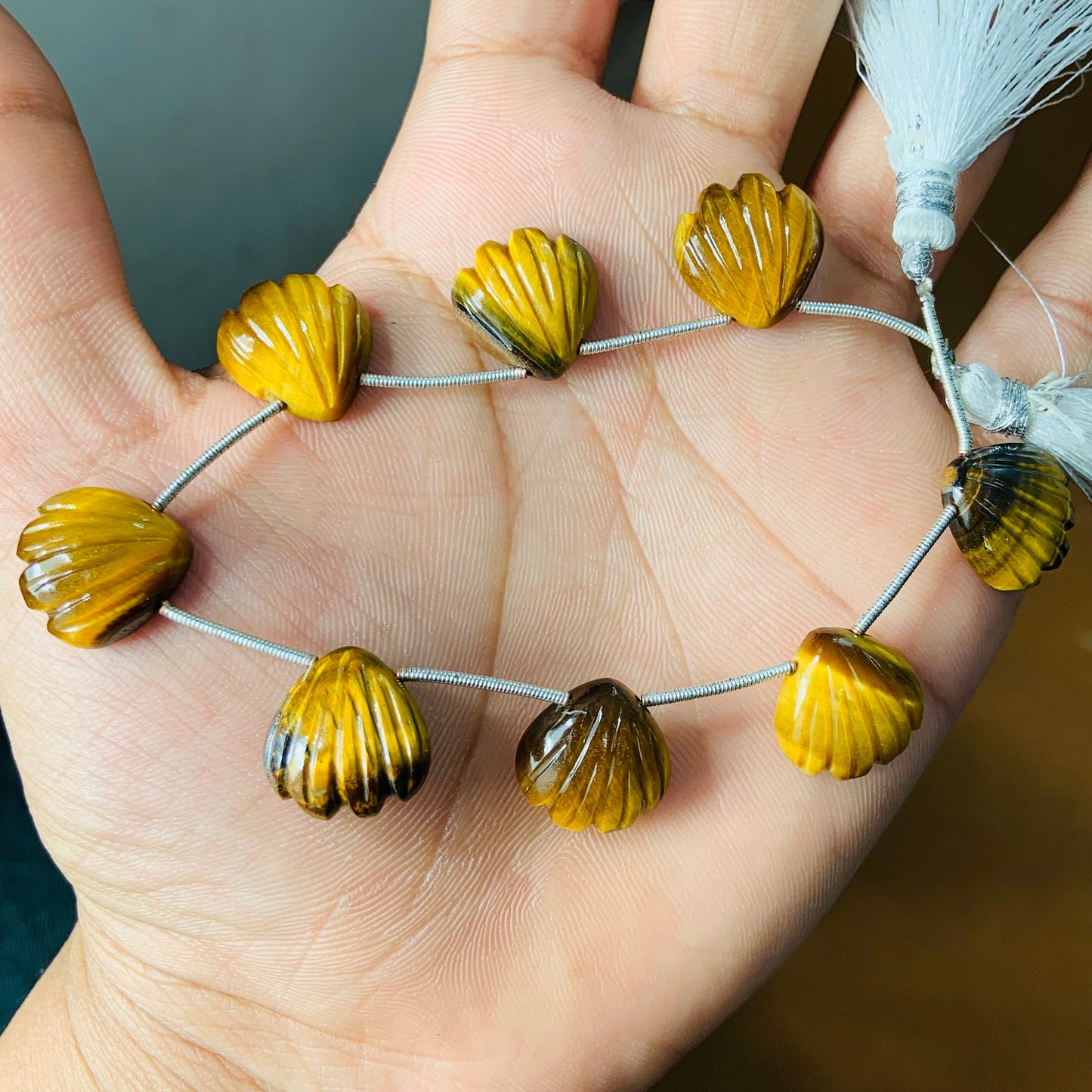 8 pcs Natural Tiger Eye Carved Fan shape Gemstone Briolette Side Drill Beads | Beads For Jewelry | Wholesale Gemstone beads BBI857