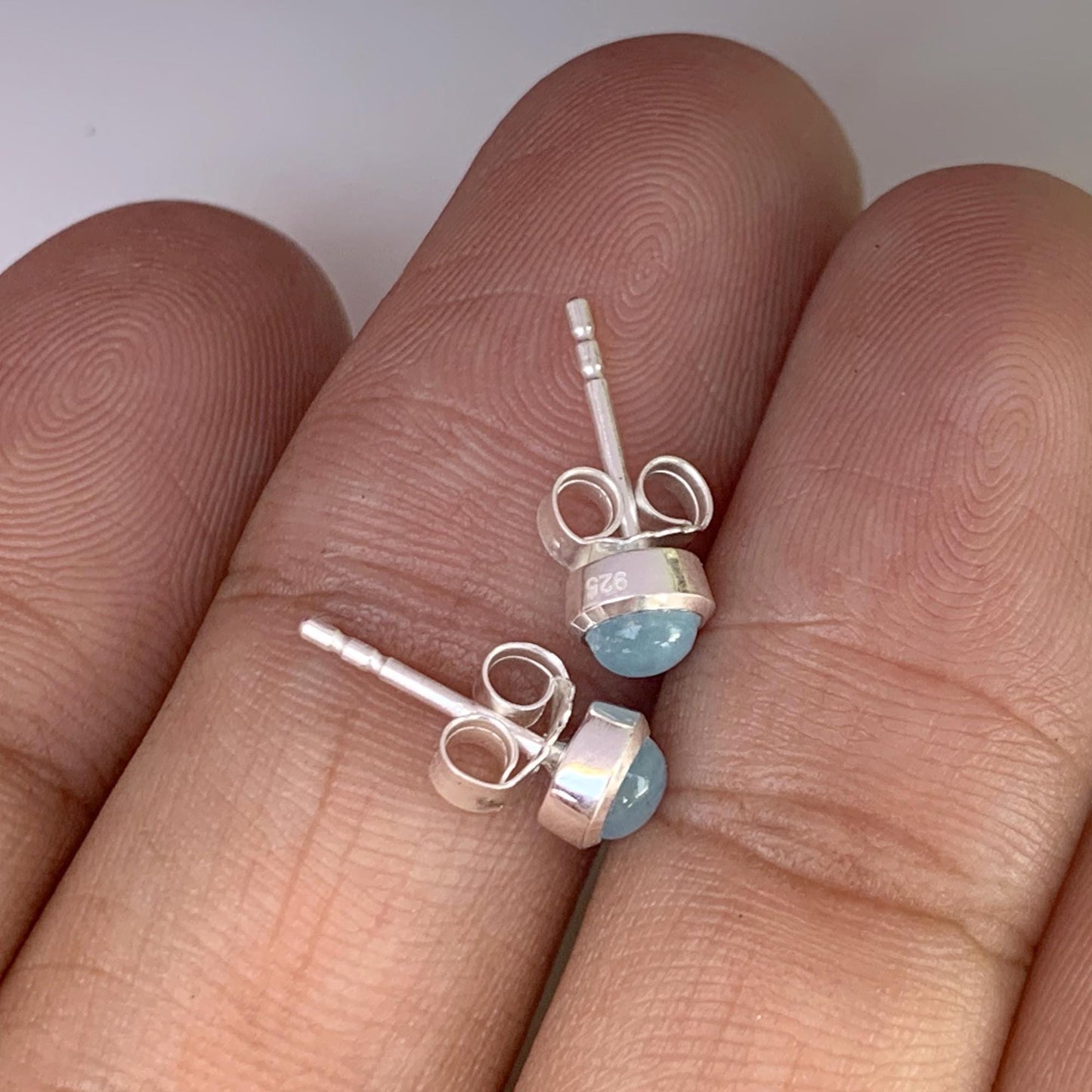 Tiny Aquamarine Studs ~ 925 Sterling Silver Small Studs Earrings ~ Dainty Simple Studs ~ Round Blue Stone ~ Minimalist ~ E-0008