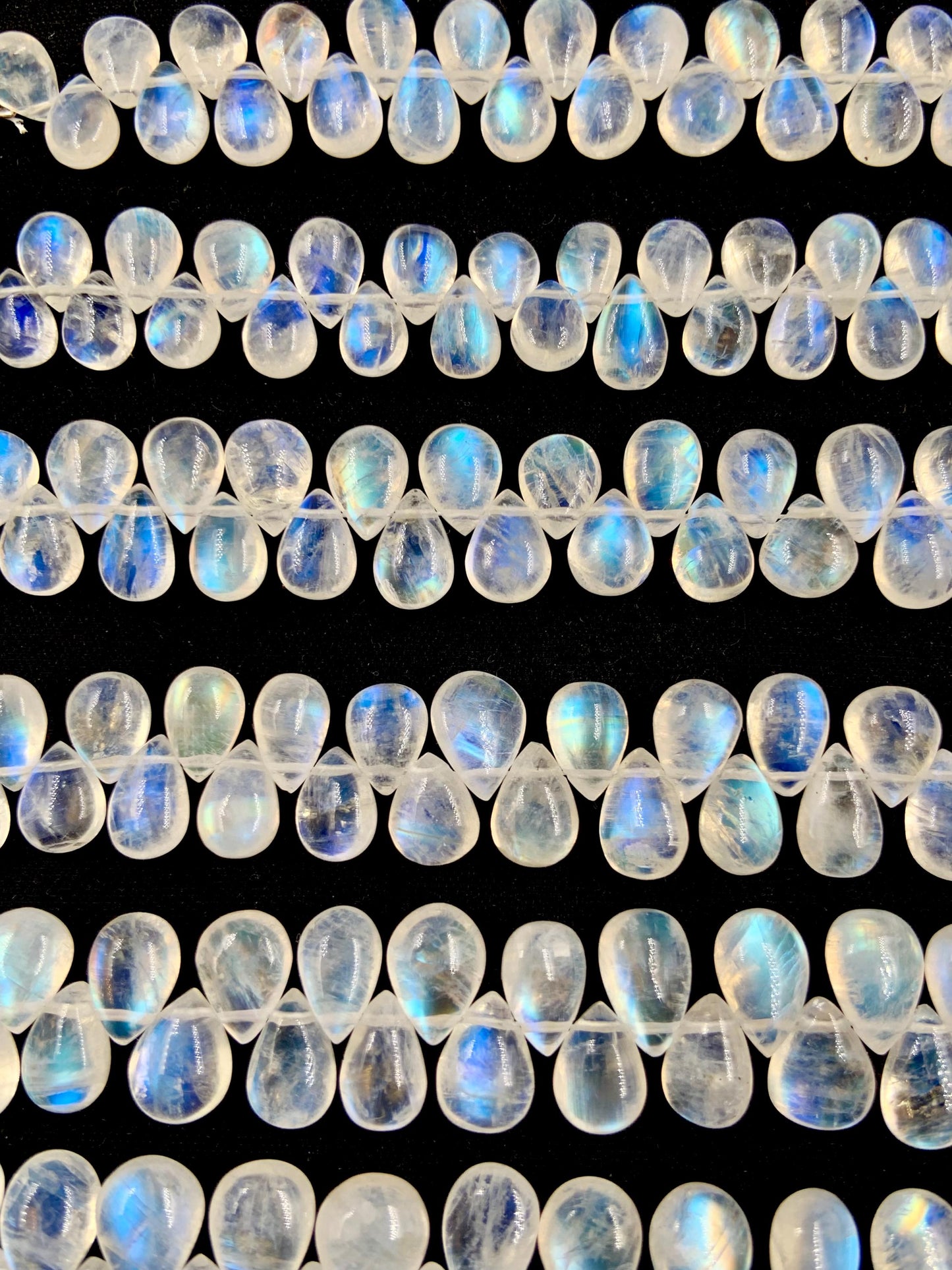 Natural White rainbow Moonstone Smooth Pear Shape Gemstone Briolette Side drill beads Blue flashy Moonstone beads Earring Making for jewelry