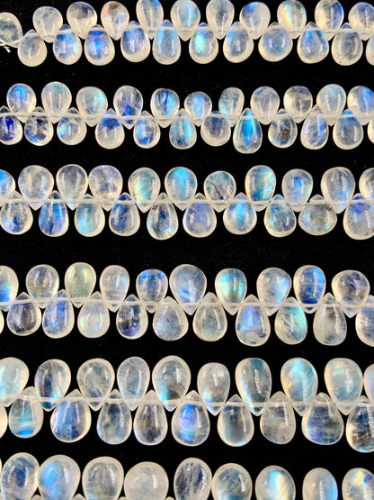 Natural White rainbow Moonstone Smooth Pear Shape Gemstone Briolette Side drill beads Blue flashy Moonstone beads Earring Making for jewelry
