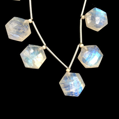 10 Pieces Natural White Rainbow Moonstone Faceted Hexagon Shape Beads , Top Face Drill , Jewelry Making Gemstone , SKU - BBI1080
