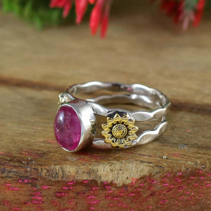 Natural Pink Tourmaline Sunflower Ring in 925 Silver