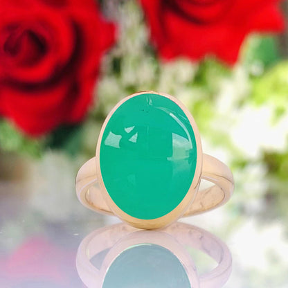 Green Oval Chrysoprase Ring - 925 Silver Gold Plated