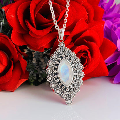 Rainbow moonstone Boho Silver Jewelry ~ Handmade Designer Jewelry ~ Ornate Style Silver Pendant ~ Gift For Her ~ P-0021