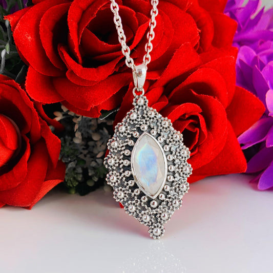 Rainbow moonstone Boho Silver Jewelry ~ Handmade Designer Jewelry ~ Ornate Style Silver Pendant ~ Gift For Her ~ P-0021