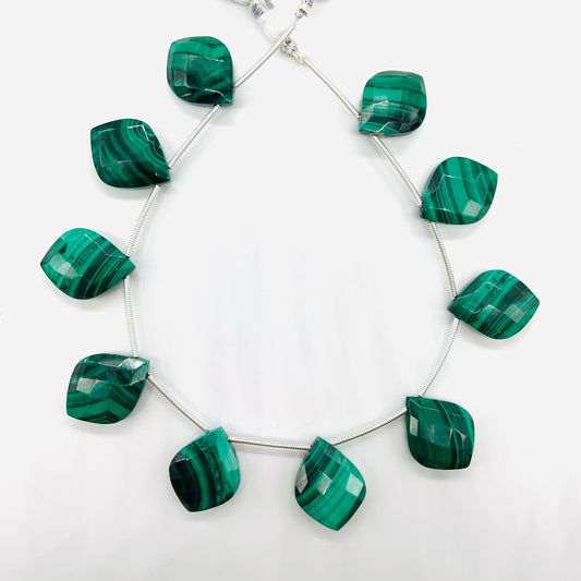 Natural Malachite Fancy Cut Briolette Beads – 10pcs Faceted Side Drill Gemstones