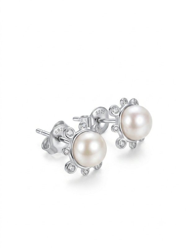 Freshwater Pearl CZ Halo Earrings, 925 Silver Pearl Studs - BeadsBoatInc