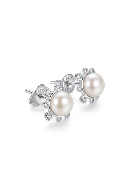 Freshwater Pearl CZ Halo Earrings, 925 Silver Pearl Studs - BeadsBoatInc