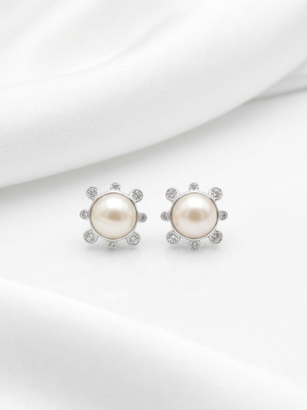 Freshwater Pearl CZ Halo Earrings, 925 Silver Pearl Studs - BeadsBoatInc