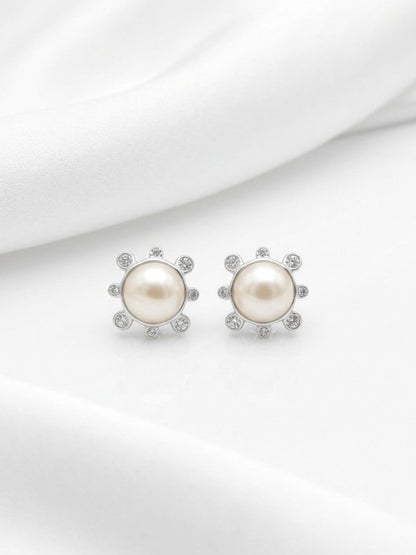 Freshwater Pearl CZ Halo Earrings, 925 Silver Pearl Studs - BeadsBoatInc