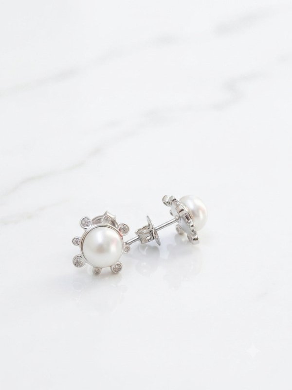 Freshwater Pearl CZ Halo Earrings, 925 Silver Pearl Studs - BeadsBoatInc