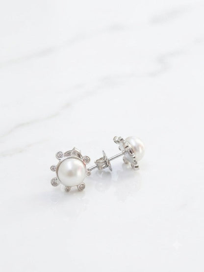 Freshwater Pearl CZ Halo Earrings, 925 Silver Pearl Studs - BeadsBoatInc