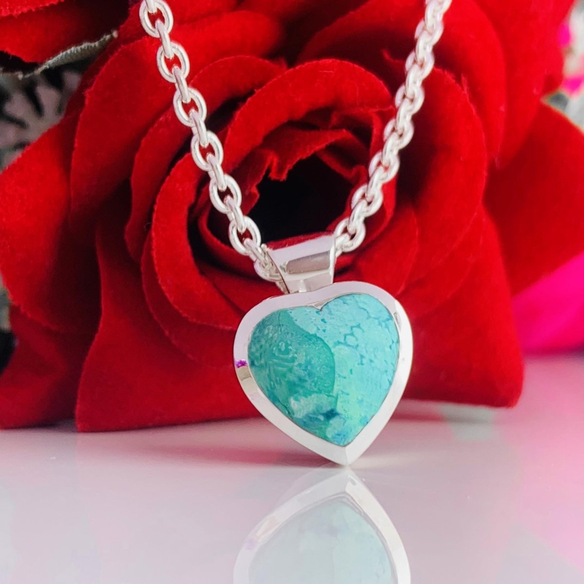 Genuine Turquoise Heart Necklace – Sterling Silver Pendant, Gift for Her - BeadsBoatInc