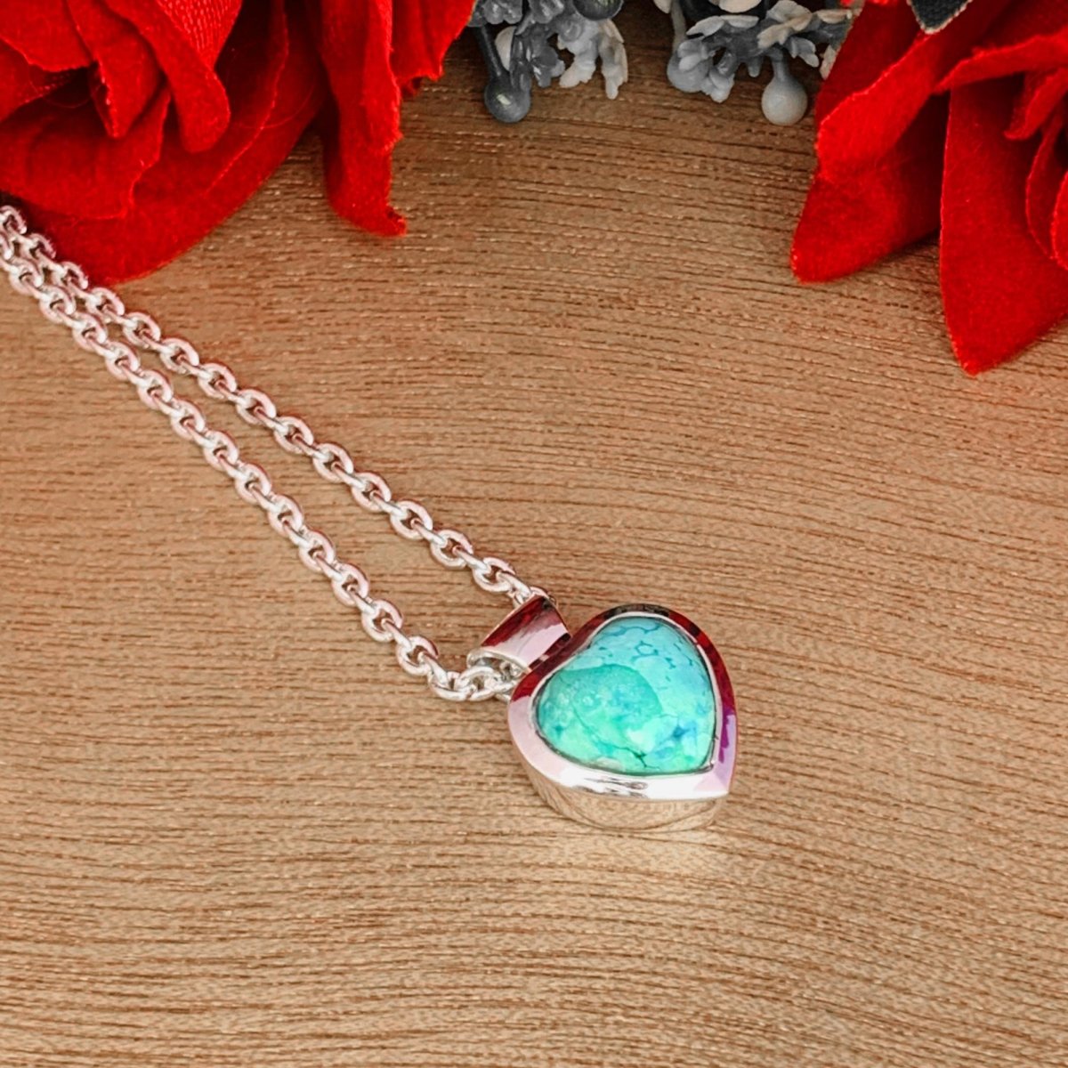 Genuine Turquoise Heart Necklace – Sterling Silver Pendant, Gift for Her - BeadsBoatInc