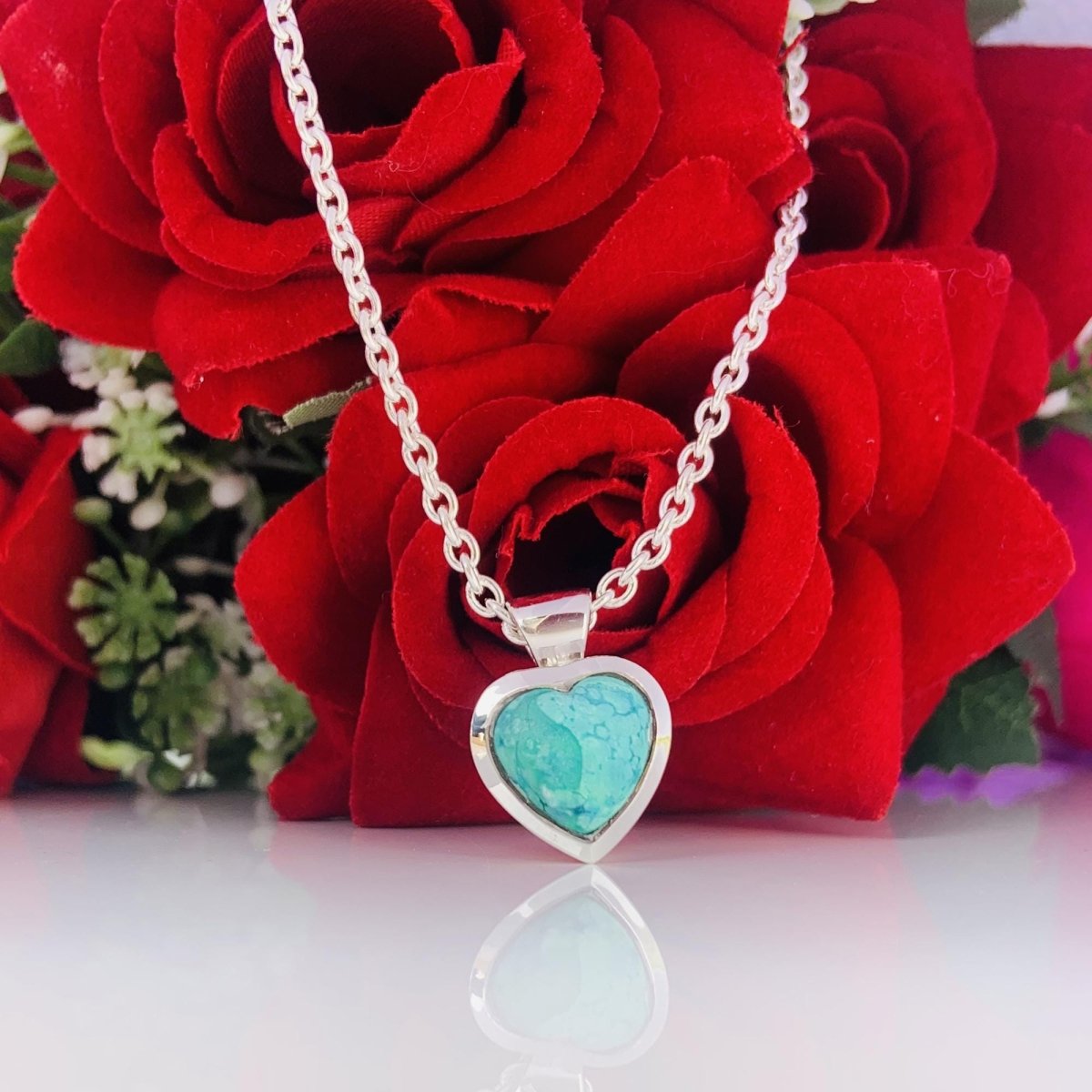 Genuine Turquoise Heart Necklace – Sterling Silver Pendant, Gift for Her - BeadsBoatInc