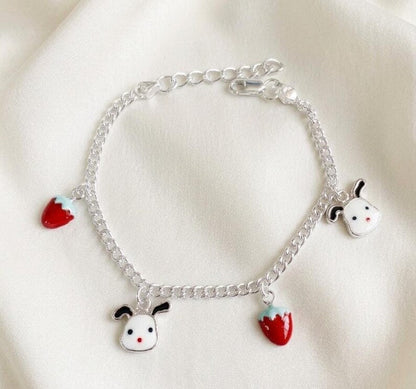 Girls Sterling Silver Charm Anklet, Puppy and Strawberry Anklet - BeadsBoatInc