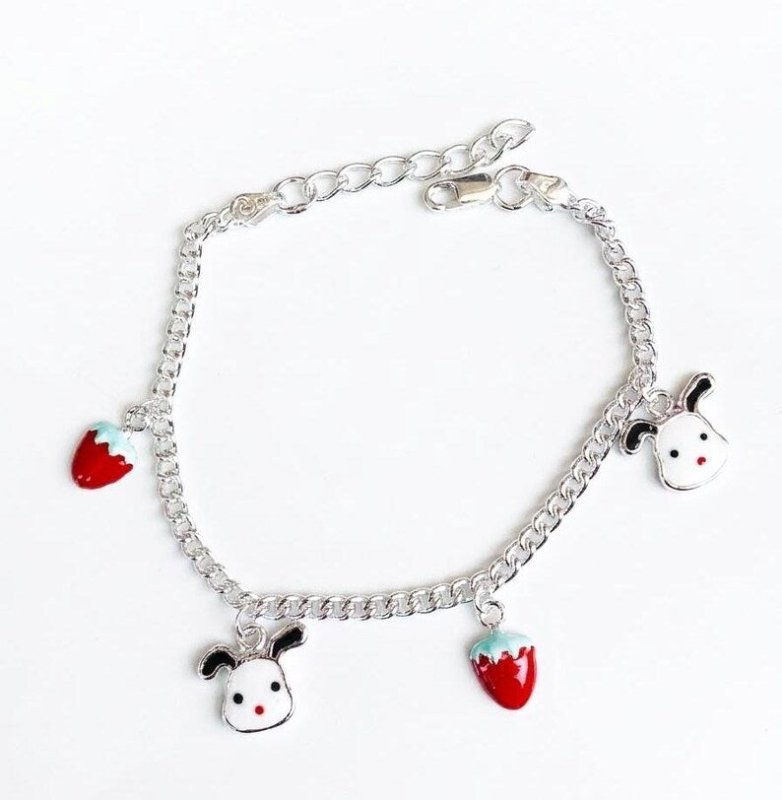 Girls Sterling Silver Charm Anklet, Puppy and Strawberry Anklet - BeadsBoatInc