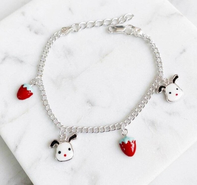 Girls Sterling Silver Charm Anklet, Puppy and Strawberry Anklet - BeadsBoatInc