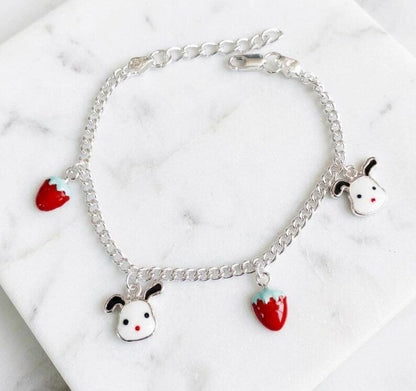 Girls Sterling Silver Charm Anklet, Puppy and Strawberry Anklet - BeadsBoatInc