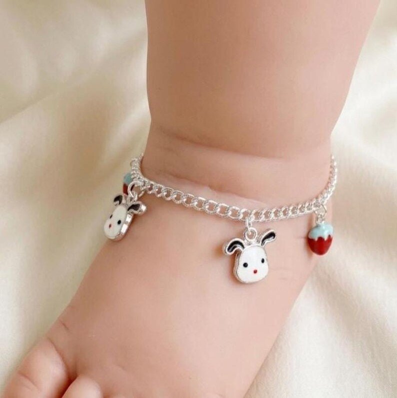 Girls Sterling Silver Charm Anklet, Puppy and Strawberry Anklet - BeadsBoatInc
