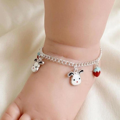 Girls Sterling Silver Charm Anklet, Puppy and Strawberry Anklet - BeadsBoatInc