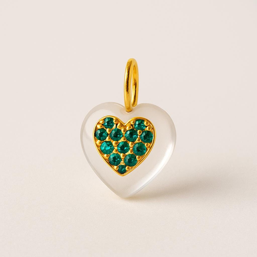 Gold Frosted Heart Pendant with Green CZ Stone | Crystal Charm Necklace for Her - BeadsBoatInc